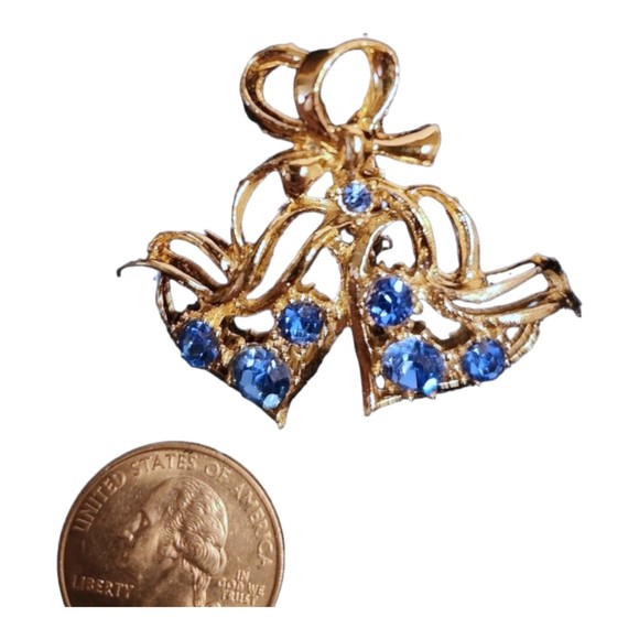 Double Heart Brooch Silver-Tone with Blue Rhinestones  2"w x 1-1/2"h - Picture 3 of 5